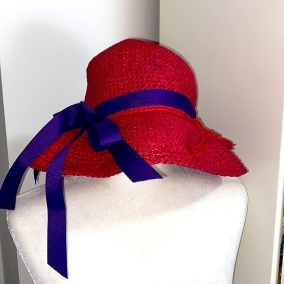 Red Hat Society Casual Straw Hat Purple Ribbon Summer Floppy Relaxed Bohemian - Picture 5 of 13